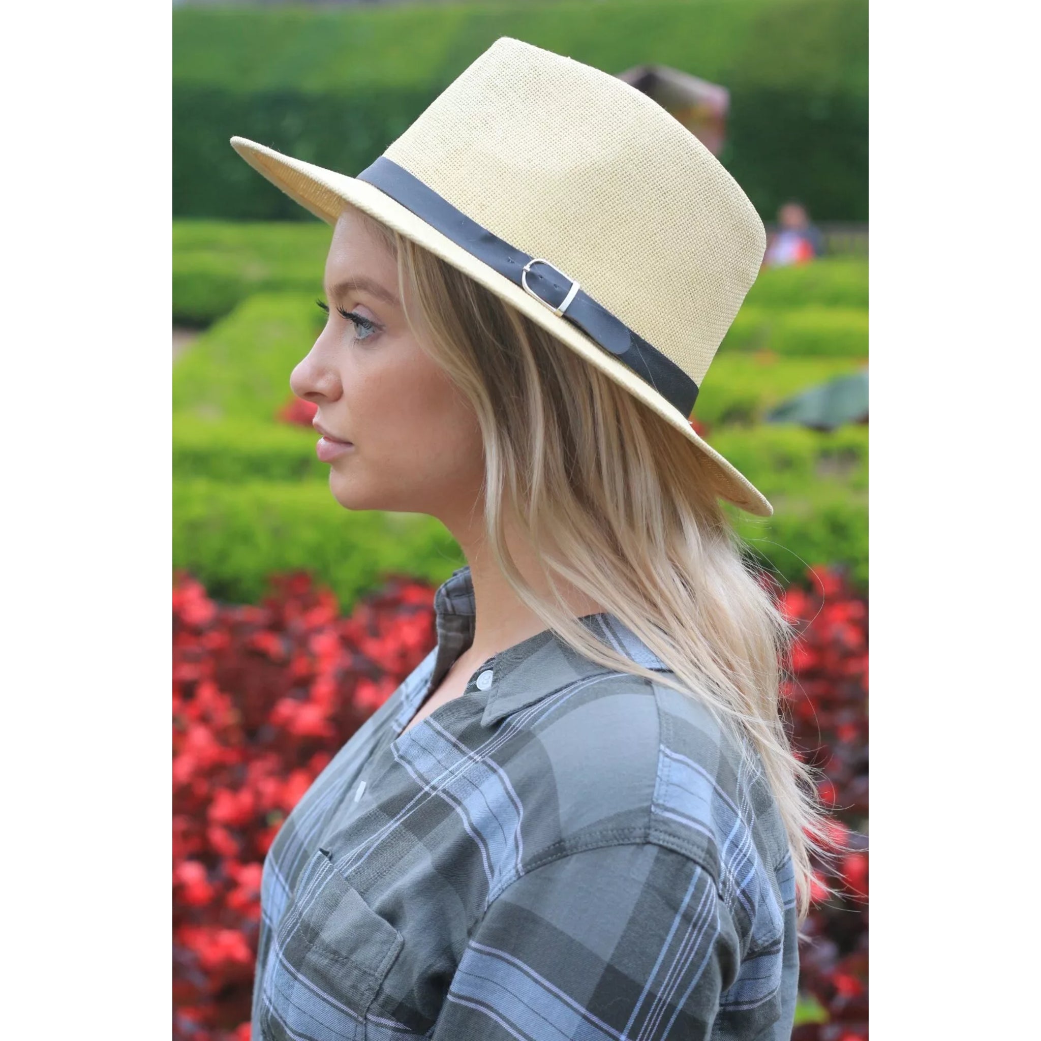 Nicky Adams branded Panama hat in natural straw colour with black band and silver buckle